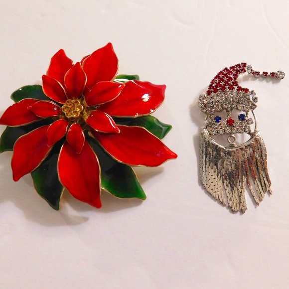 Vintage Poinsettia Brooch Pin and Santa Rhinestone Brooch Pin - Picture 1 of 4